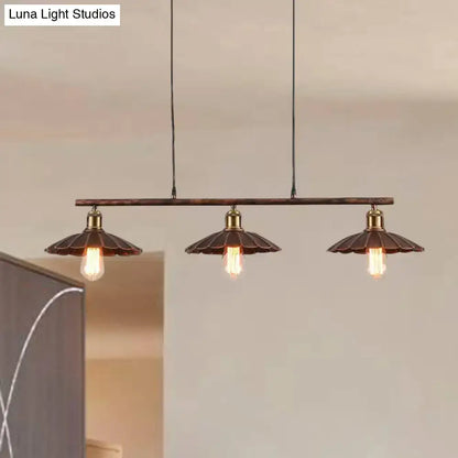 Industrial-style 3-head pendant lighting with dark bronze scalloped metal shades and exposed edison bulbs 110v-120v