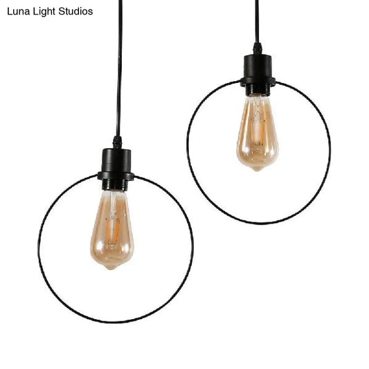 Lámpara colgante de estilo antiguo en metal negro/dorado con pantalla suspendida en forma de anillo/cuadrada/pentagonal para cafetería - 2/3 bombillas