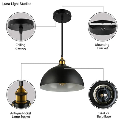 Antique Style Metallic Domed Pendant Light for Restaurant - Black/White, 12"/16" Dia