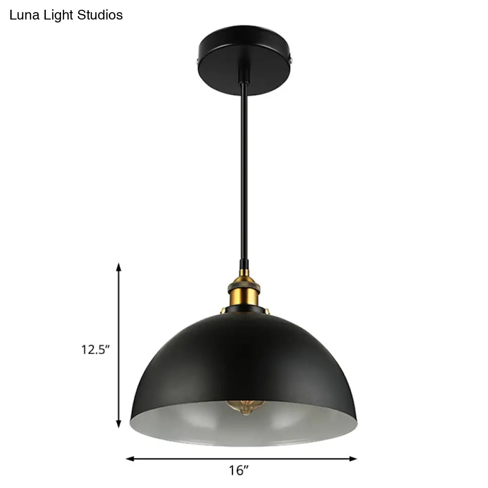 Antique Style Metallic Domed Pendant Light for Restaurant - Black/White, 12"/16" Dia