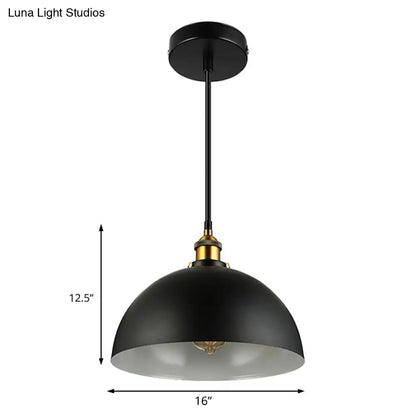 Antique Style Metallic Domed Pendant Light for Restaurant - Black/White, 12"/16" Dia