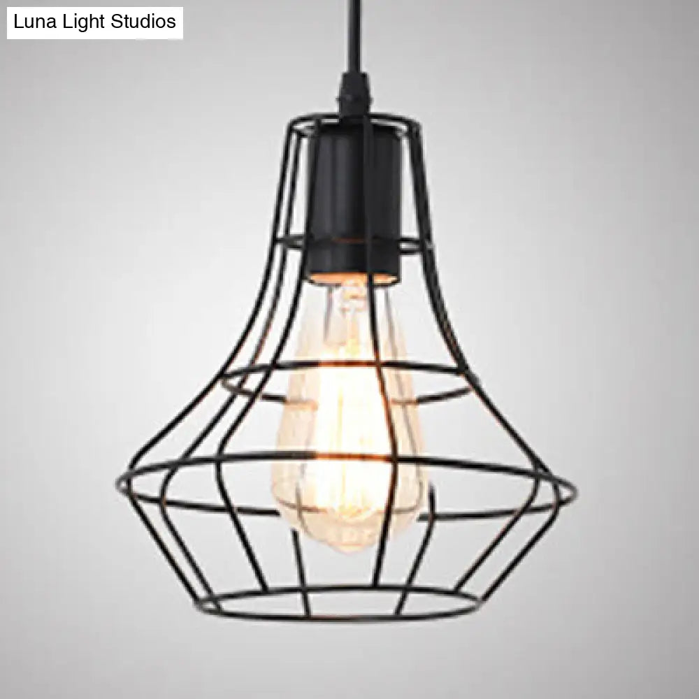 Antique-Style Open Cage Pendant Lamp in Black for Hallway