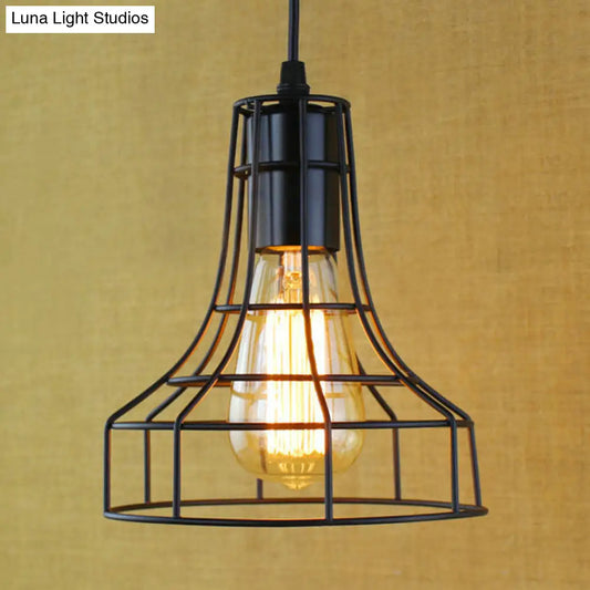 Antique-Style Open Cage Pendant Lamp in Black for Hallway