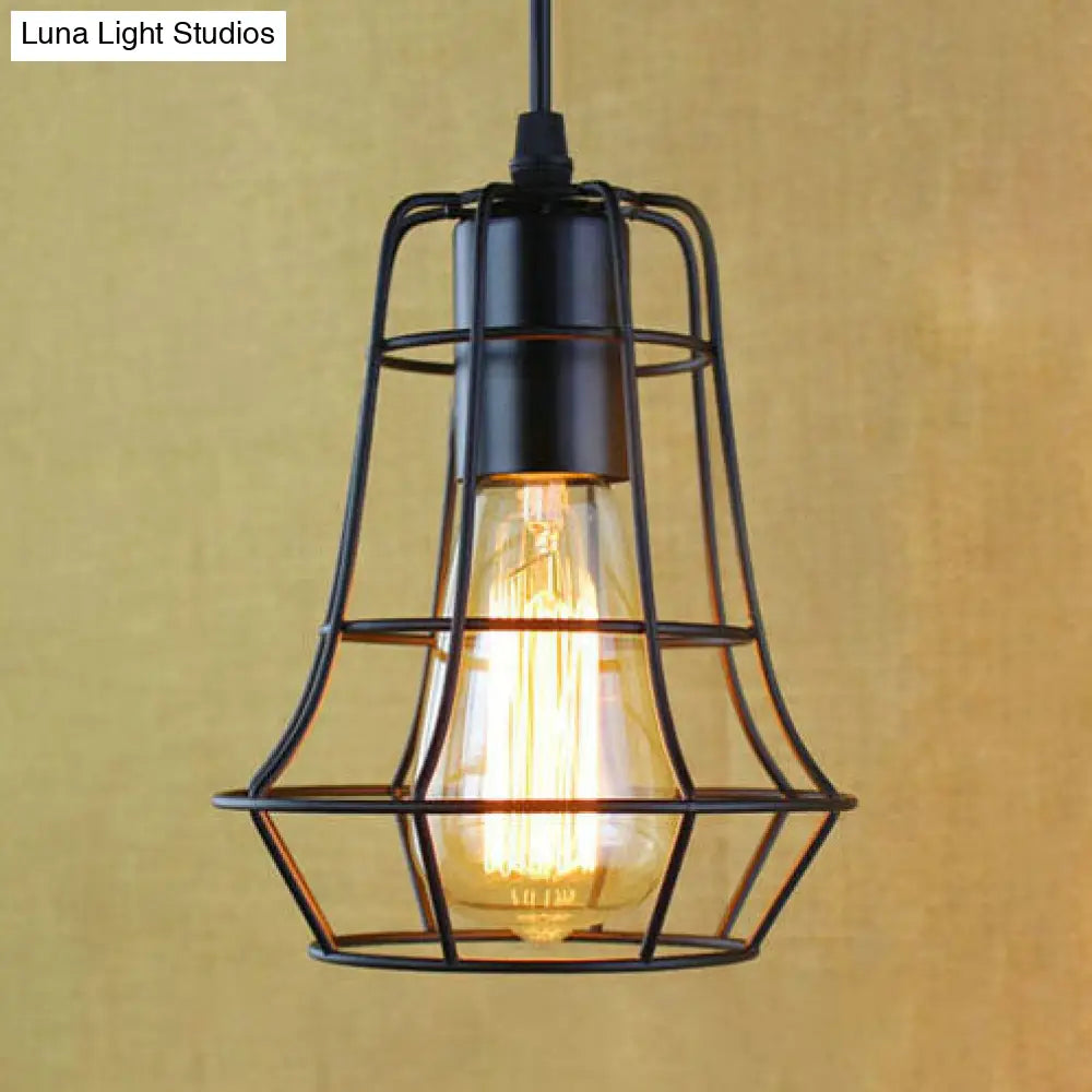 Antique-Style Open Cage Pendant Lamp in Black for Hallway