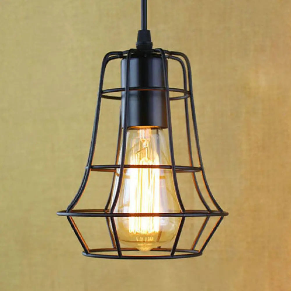 Antique-Style Open Cage Pendant Lamp in Black for Hallway