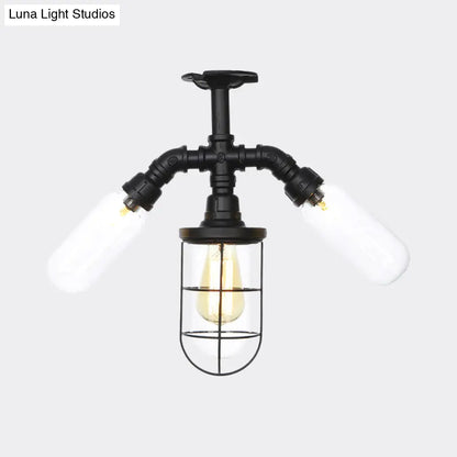 Lámpara de techo semiempotrada de estilo antiguo DecorBites™ - Lámpara de cristal transparente empotrada con jaula en color negro - 3 bombillas