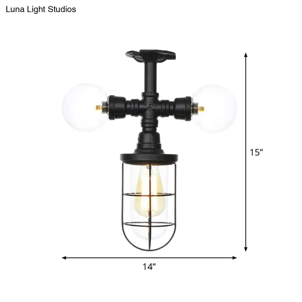 Lámpara de techo semiempotrada de estilo antiguo DecorBites™ - Lámpara de cristal transparente empotrada con jaula en color negro - 3 bombillas