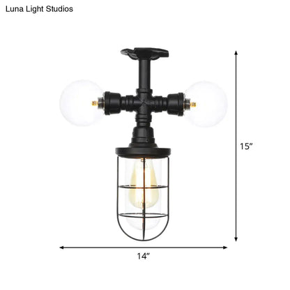 Lámpara de techo semiempotrada de estilo antiguo DecorBites™ - Lámpara de cristal transparente empotrada con jaula en color negro - 3 bombillas