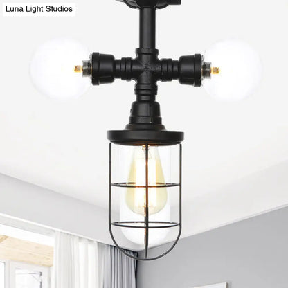 Lámpara de techo semiempotrada de estilo antiguo DecorBites™ - Lámpara de cristal transparente empotrada con jaula en color negro - 3 bombillas