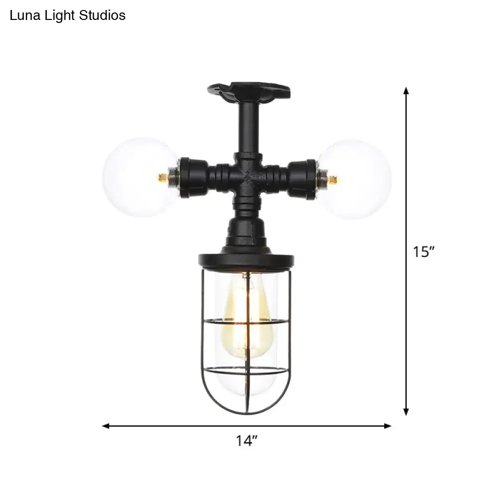 Lámpara de techo semiempotrada de estilo antiguo DecorBites™ - Lámpara de cristal transparente empotrada con jaula en color negro - 3 bombillas