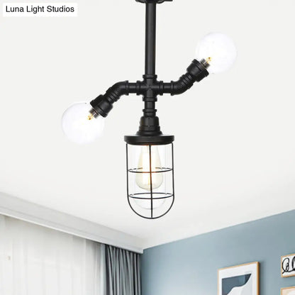 Lámpara de techo semiempotrada de estilo antiguo DecorBites™ - Lámpara de cristal transparente empotrada con jaula en color negro - 3 bombillas