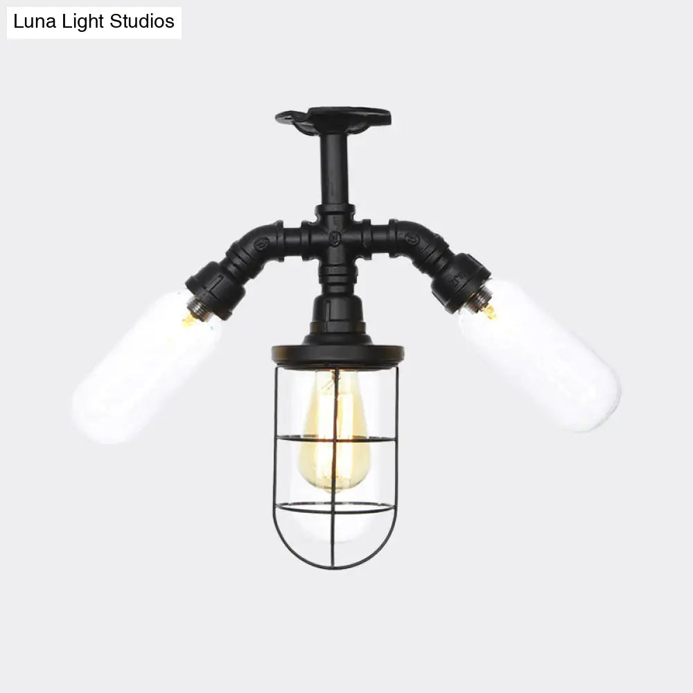 Lámpara de techo semiempotrada de estilo antiguo DecorBites™ - Lámpara de cristal transparente empotrada con jaula en color negro - 3 bombillas