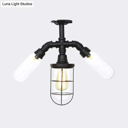 Lámpara de techo semiempotrada de estilo antiguo DecorBites™ - Lámpara de cristal transparente empotrada con jaula en color negro - 3 bombillas