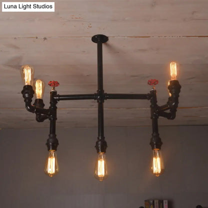 Lámpara colgante de estilo antiguo con forma de tubería de agua, 7 bombillas, estilo araña metálica - Negra con válvula roja