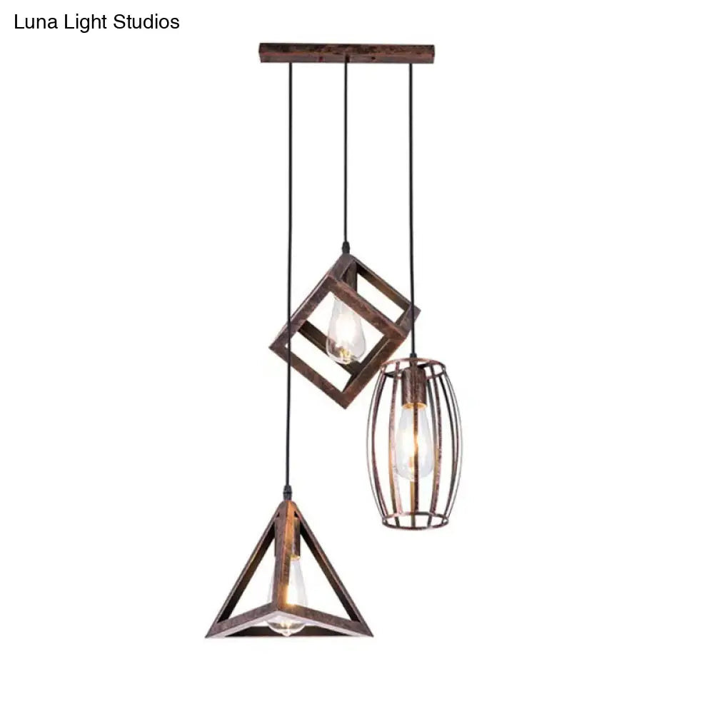 Antique Style Wrought Iron Pendant Lamp - 3-Head Caged Design for Dining Room Ceiling - Rust Finish