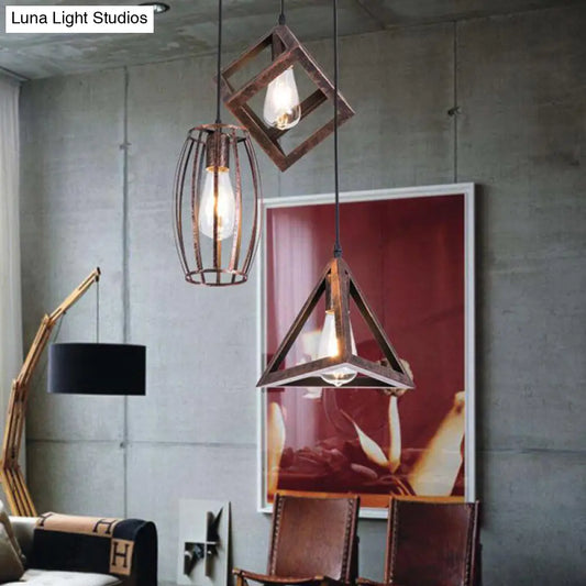 Lámpara colgante de hierro forjado estilo antiguo - Diseño de tres brazos con jaula para techo de comedor - Acabado óxido