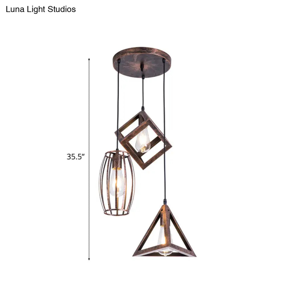 Antique Style Wrought Iron Pendant Lamp - 3-Head Caged Design for Dining Room Ceiling - Rust Finish