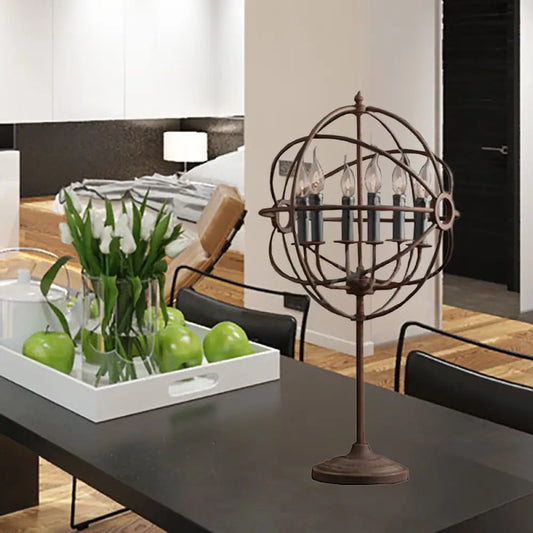 Lámpara de mesa de diseño orbital antiguo y elegante con efecto de vela de múltiples luces en hierro forjado rústico
