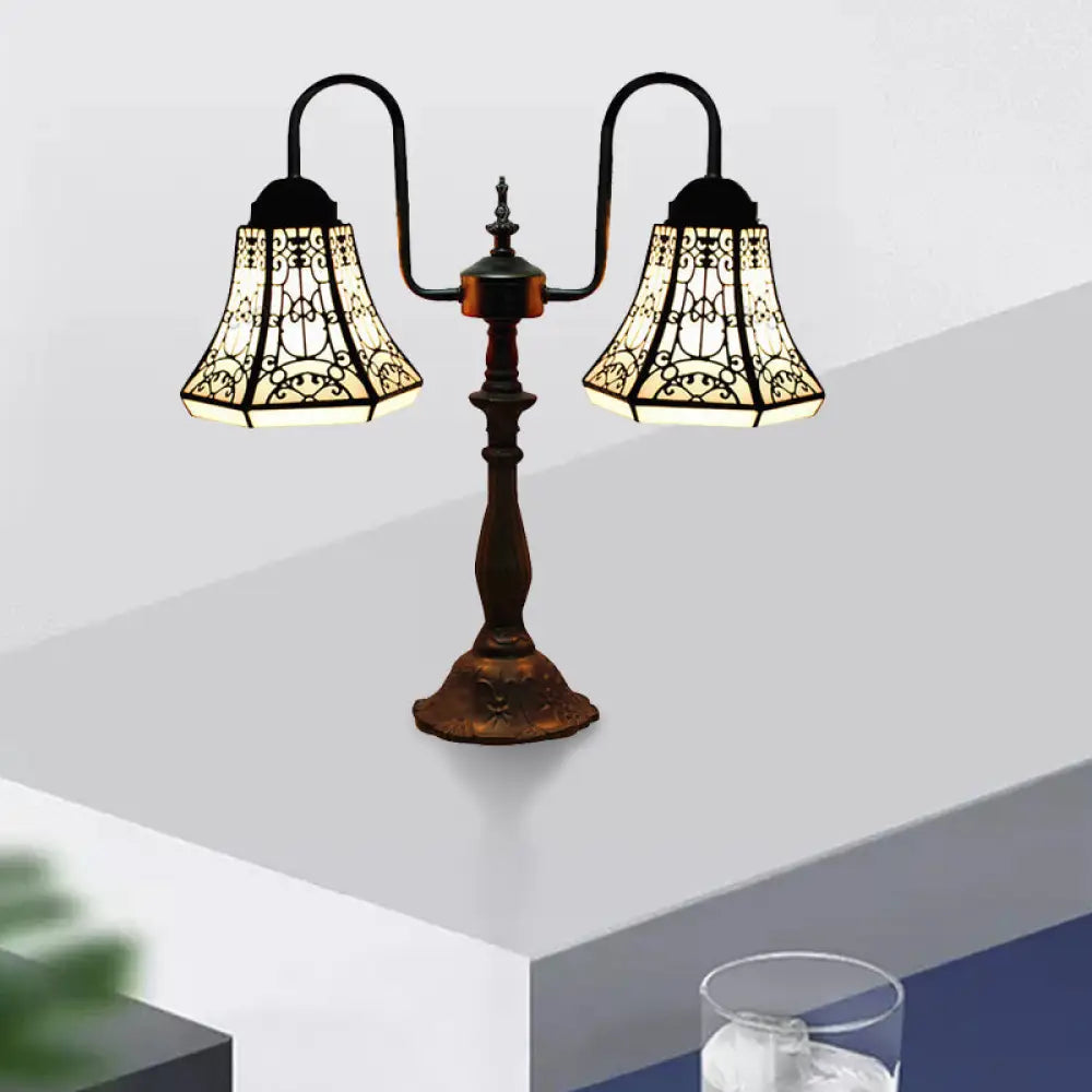 Lámpara de escritorio Tiffany antigua en azul y blanco - Pantalla artesanal para oficina, luz de lectura, cristal artístico, 2 luces - Perfecta para la mesilla de noche