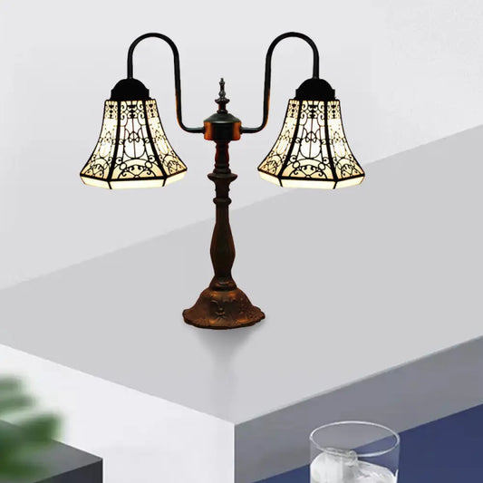 Lámpara de escritorio Tiffany antigua en azul y blanco - Pantalla artesanal para oficina, luz de lectura, cristal artístico, 2 luces - Perfecta para la mesilla de noche