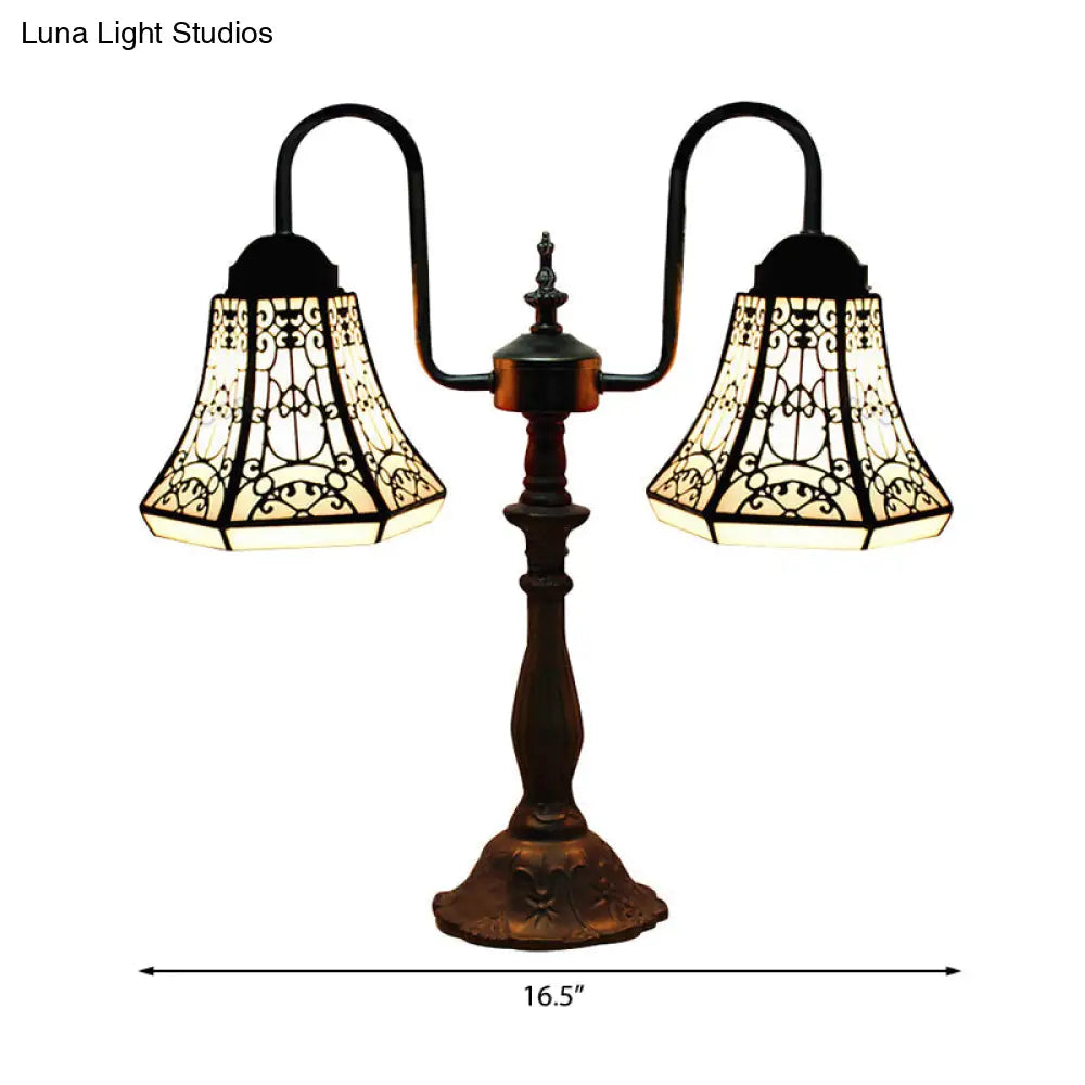 Lámpara de escritorio Tiffany antigua en azul y blanco - Pantalla artesanal para oficina, luz de lectura, cristal artístico, 2 luces - Perfecta para la mesilla de noche