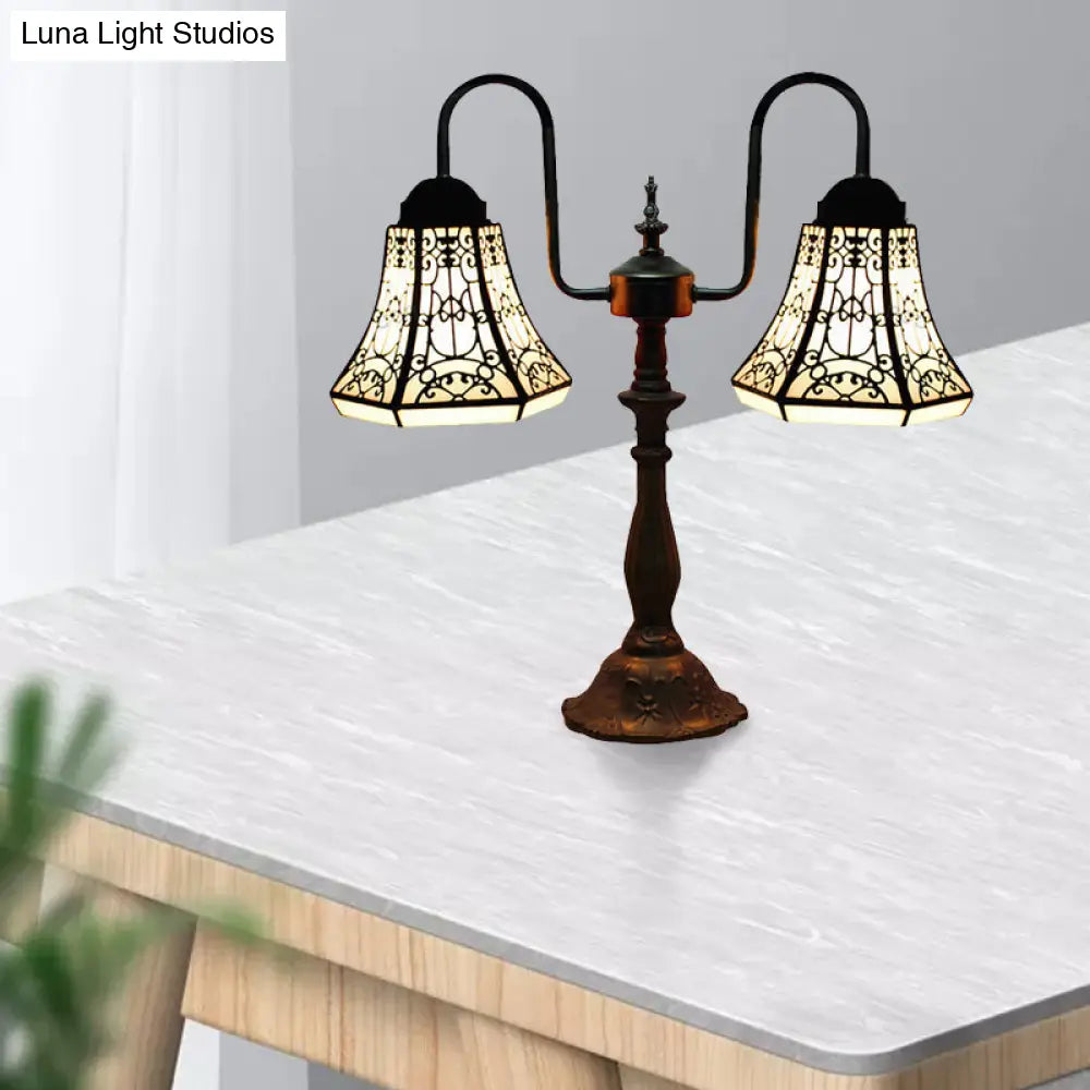 Lámpara de escritorio Tiffany antigua en azul y blanco - Pantalla artesanal para oficina, luz de lectura, cristal artístico, 2 luces - Perfecta para la mesilla de noche