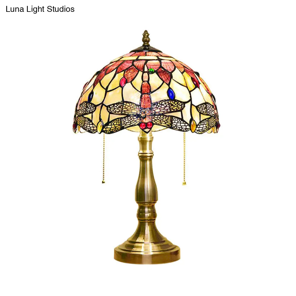 Lámpara de escritorio antigua Tiffany con forma de cúpula - Lámpara de mesa de vitral con diseño de flor azul/libélula/mariposa para dormitorio (2 luces)
