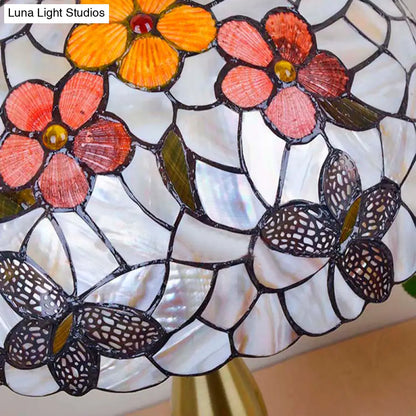 Lámpara de escritorio antigua Tiffany con forma de cúpula - Lámpara de mesa de vitral con diseño de flor azul/libélula/mariposa para dormitorio (2 luces)