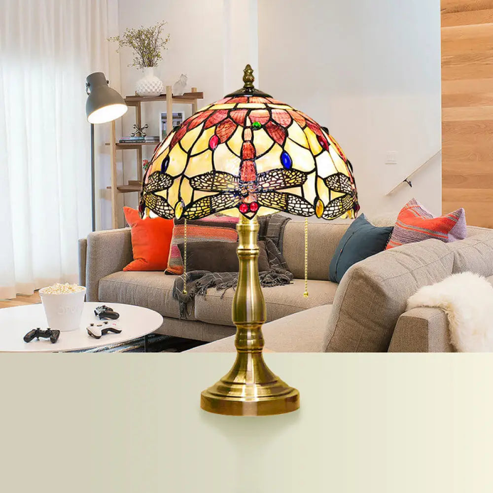 Lámpara de escritorio antigua Tiffany con forma de cúpula - Lámpara de mesa de vitral con diseño de flor azul/libélula/mariposa para dormitorio (2 luces)