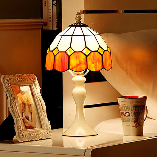 Lámpara de escritorio naranja estilo Tiffany antigua para dormitorio - Lámpara de escritorio tipo cúpula con rejilla estilo café, diseño de vidrio artístico