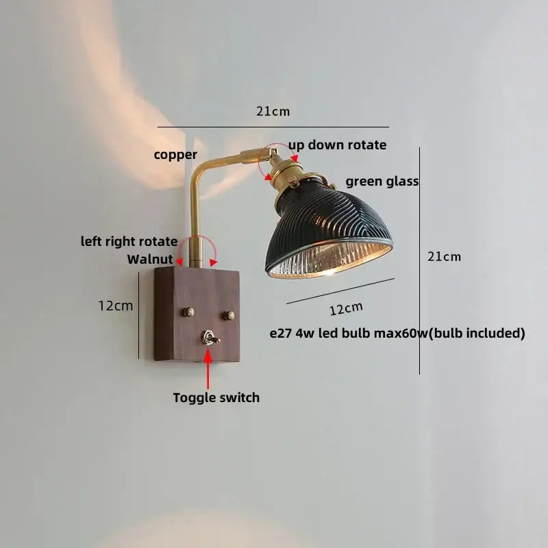 Industrial-style wall light with copper arm, walnut base, and clear decorbites clear glass ribbed shade stair sconce