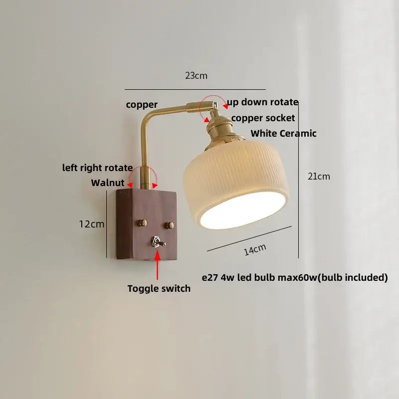Antique walnut and brass wall light with copper finish adjustable sconce, clear glass white ceramic shade decorbites clear glass
