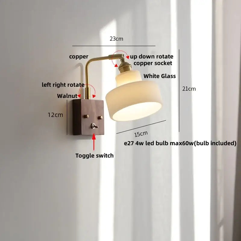 Antique walnut and brass wall light with copper finish clear glass shade and walnut wood base by decorbites clear glass