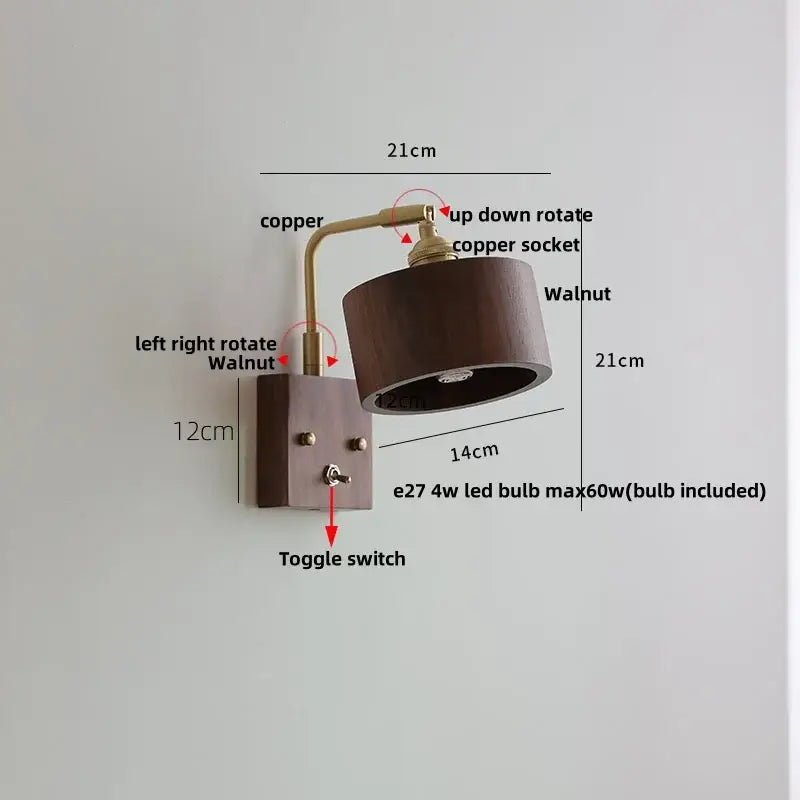 Antique walnut and brass clear glass wall light with walnut-finished sconce and adjustable copper arm by decorbites clear glass