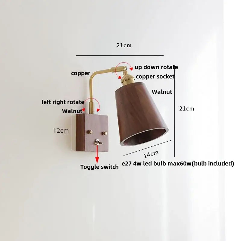 Antique walnut and brass clear glass wall light with a dark walnut wooden shade and adjustable rotation arm decorbites clear glass