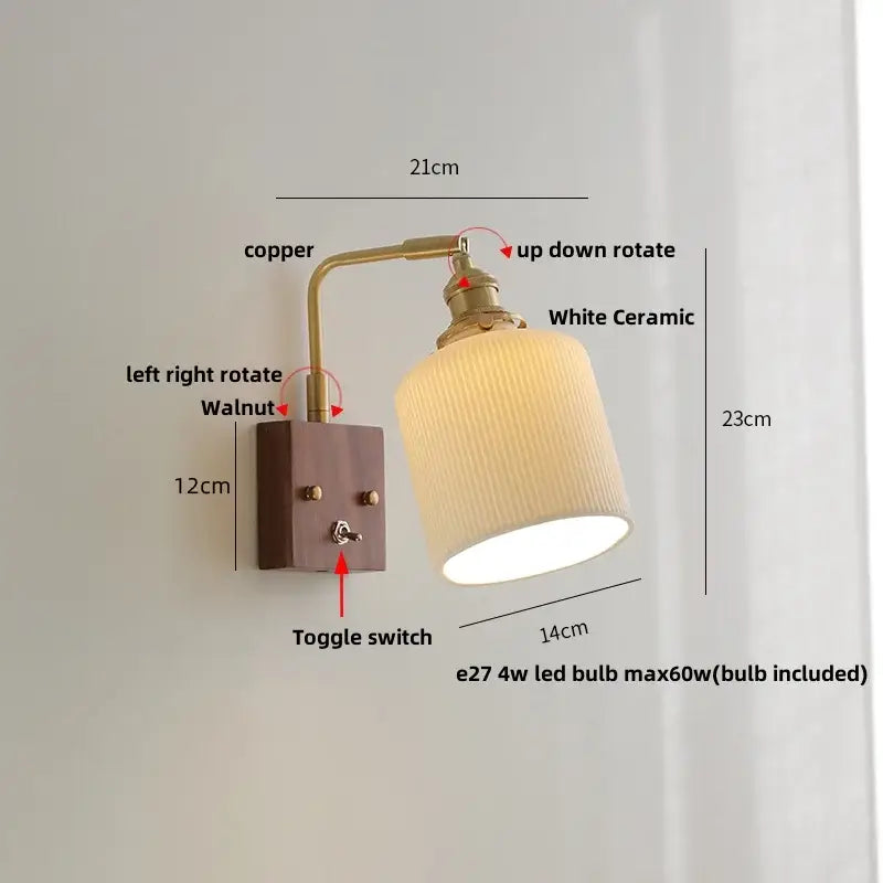Antique walnut and brass clear glass wall light stair sconce with copper arm and white ceramic lampshade by decorbites clear glass