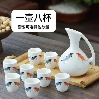 Antique white ceramic warming container set with pitcher and eight cups featuring hand-painted koi fish decorbites ceramic wine