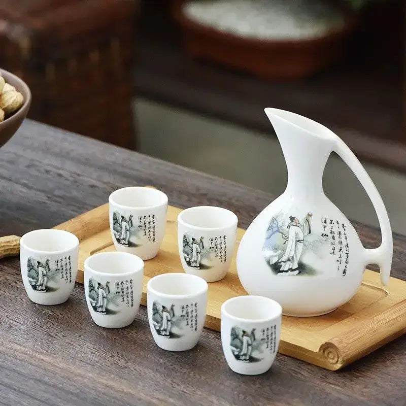 Antique white ceramic warming container tea set with black ink classical illustrations and cherry blossom decorbites ceramic wine design
