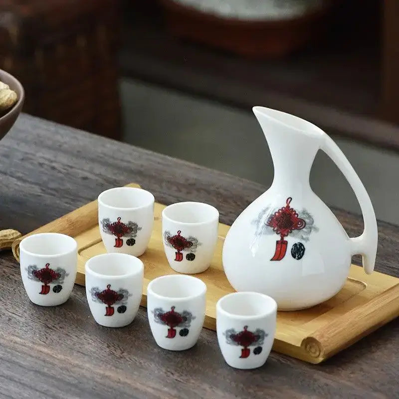 Antique white ceramic warming container tea set with red and gray motifs for dining room decorbites ceramic wine use