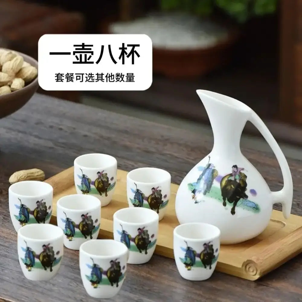 Antique pot white ceramic warming container set with pitcher and cups featuring hand-painted buffalo riders decorbites ceramic wine