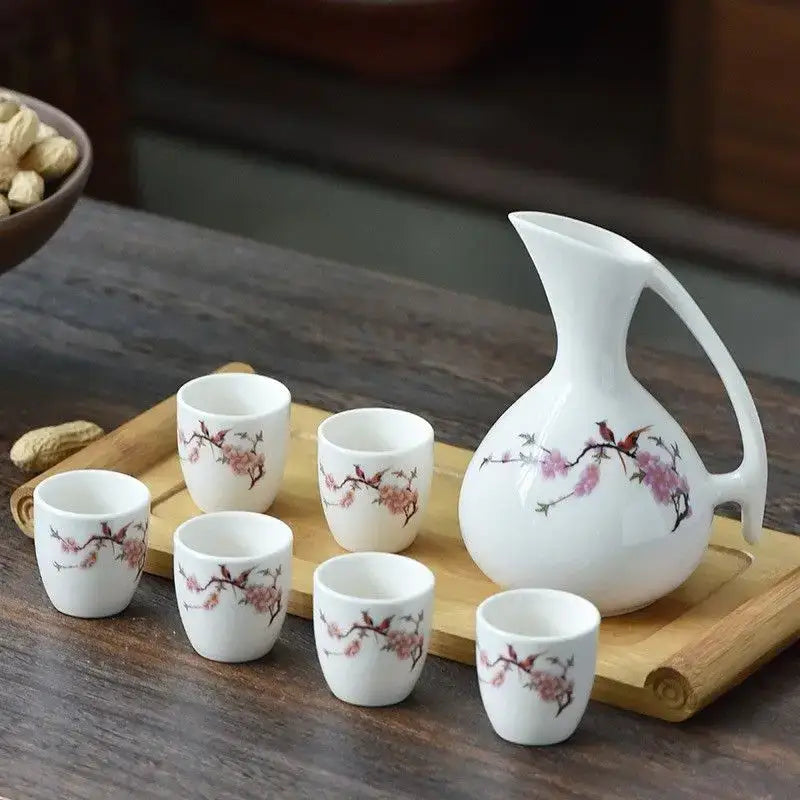 Antique white ceramic warming container set with pink cherry blossom and bird motifs decorbites ceramic wine pot