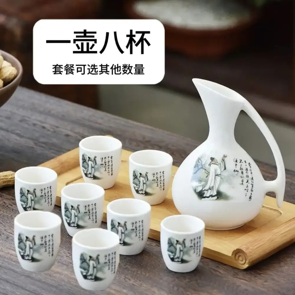Antique white ceramic warming container set with one pitcher and eight cups featuring ink-wash figures decorbites ceramic wine