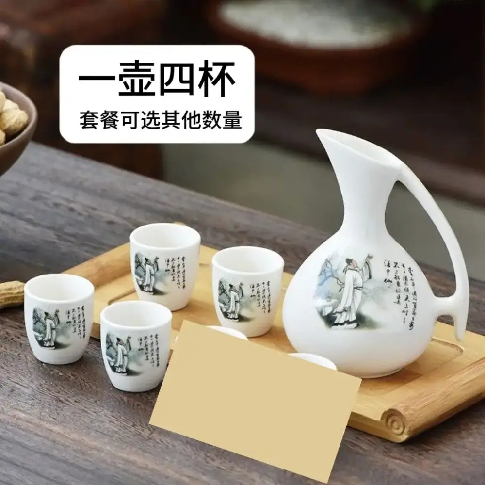 Antique white ceramic warming container set with pitcher and four cups featuring ink-wash figures and calligraphy decorbites ceramic wine