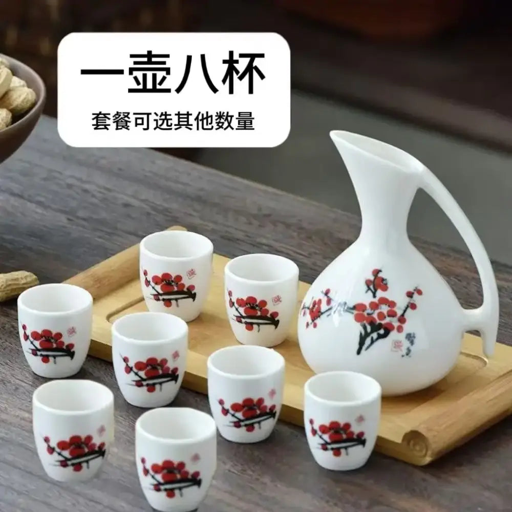 Antique white ceramic warming container with red plum blossom designs decorbites ceramic wine set