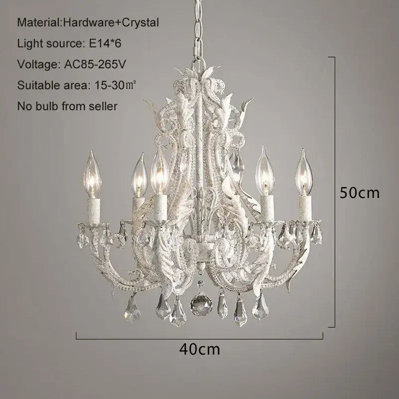 Elegant antique white iron crystal chandelier with intricate floral hardware and five candle-style lights for dining room decorbites iron crystal lighting