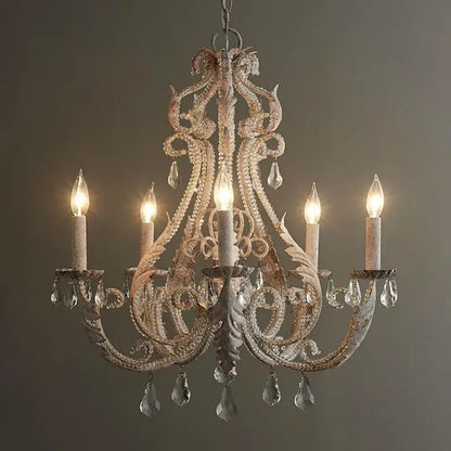 Antique white iron crystal chandelier with ornate metalwork and dangling crystals for dining room decorbites iron crystal lighting