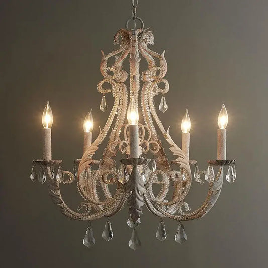 Antique white iron crystal chandelier with ornate metalwork and dangling crystals for dining room decorbites iron crystal lighting