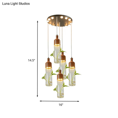 Lámpara de techo colgante con forma de racimo de botellas de vino antiguas - LED metálico con múltiples bombillas, acabado marrón