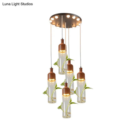 Lámpara de techo colgante con forma de racimo de botellas de vino antiguas - LED metálico con múltiples bombillas, acabado marrón
