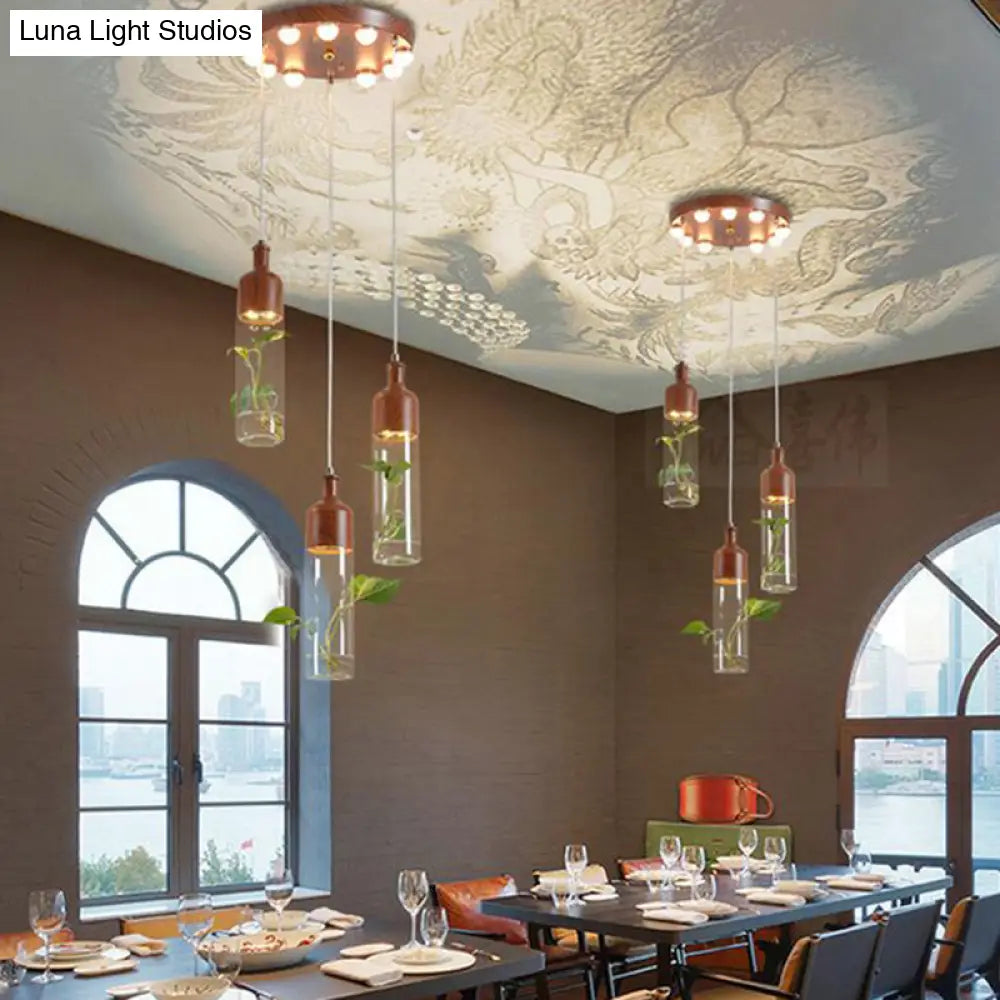 Lámpara de techo colgante con forma de racimo de botellas de vino antiguas - LED metálico con múltiples bombillas, acabado marrón